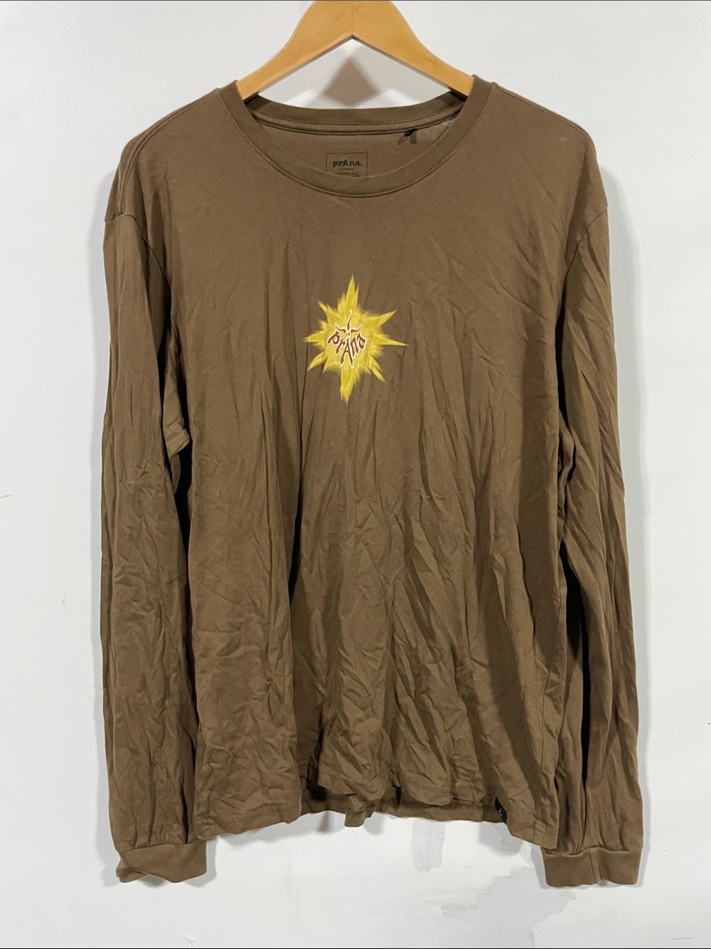 Prana Brown Long-Sleeve Tee with Yellow Sun Graphic
